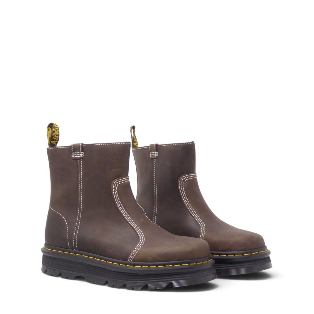 NEW Dr Martens Women Zebzag Rigger Boots Brown Leather Yellow Stitch Platform 8